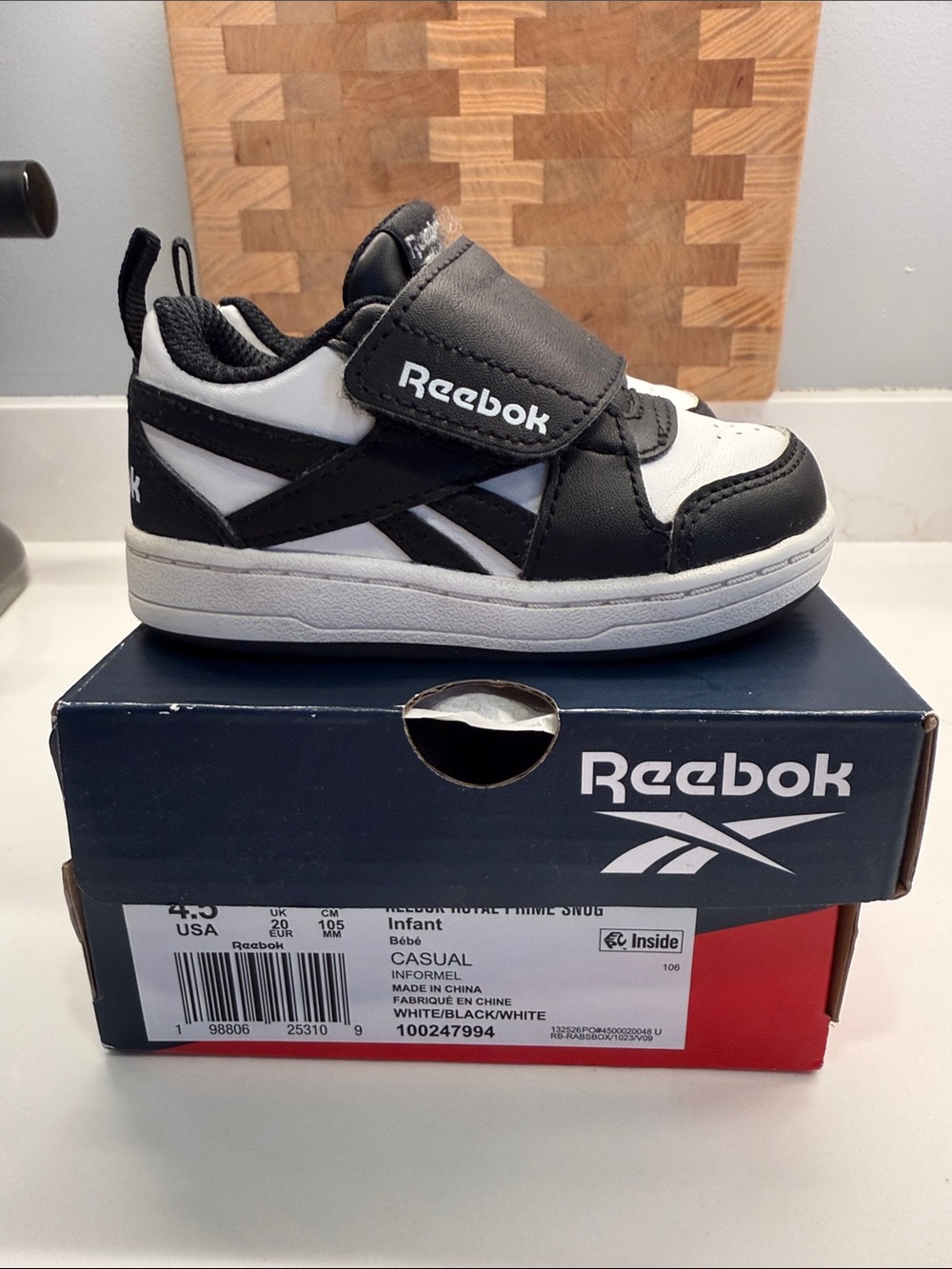 Reebok Royal Prime Snug Infant Black and White Velcro Casual Sneaker size 4.5